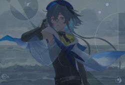  1boy :o arknights beret black_gloves black_shirt blue_hair blue_hat clothing_cutout colored_tips commentary elbow_gloves gloves hat highres infection_monitor_(arknights) long_hair long_sidelocks looking_at_viewer male_focus mizuki_(arknights) multicolored_hair muted_color pink_eyes pink_hair poncho see-through_clothes shirt shoulder_cutout sidelocks sleeveless sleeveless_shirt solo toned toned_male untranslatable_commentary yomotobi 