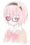  1girl bespectacled bow bust glasses hairband heart kiira komeiji_satori pink_eyes pink_hair red-framed_glasses simple_background solo touhou white_background 