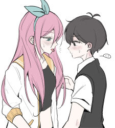  ... 1boy 1girl ? absurdres aubrey_(faraway)_(omori) aubrey_(omori) black_eyes black_hair black_sweater_vest blue_eyes blue_hairband blush bow_hairband breasts closed_mouth collarbone collared_shirt commentary_request crop_top ear_piercing flat_color hair_between_eyes hairband highres jacket korean_commentary long_hair looking_at_another mixed-language_commentary omori open_clothes open_jacket piercing pink_hair shirt short-sleeved_jacket short_sleeves sidelocks simple_background small_breasts spoken_ellipsis spoken_question_mark sunny_(omori) sweatdrop sweater_vest tongue tongue_out tongue_piercing white_background white_jacket white_shirt wktdms1 