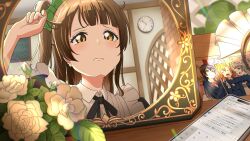  1girl bow brown_hair cellphone closed_mouth commentary flower green_bow hair_bow highres holding holding_own_hair indoors kosaka_honoka long_hair looking_at_mirror love_live! love_live!_school_idol_project maid minami_kotori mirror nui313 phone photo_(object) reflection smartphone solo sonoda_umi tears translation_request white_flower yellow_eyes 