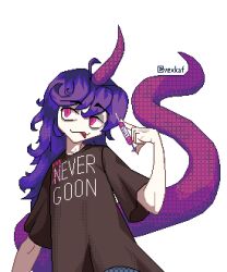  1girl alternate_costume brown_sleeves closed_mouth commentary english_commentary hand_up holding holding_syringe horns lizard_tail long_hair meme never_goon_(meme) pink_eyes pixel_art purple_hair purple_horns purple_tail short_sleeves sideways_glance simple_background single_horn smile solo syringe tail tenkajin_chiyari tongue tongue_out touhou upper_body vexkaf white_background 