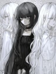  3girls black_choker black_dress black_eyes black_hair bright_pupils choker closed_eyes colored_eyelashes dress eyelashes grey_background highres long_hair multiple_girls original pale_skin patterned_background taezuodoru_0 upper_body watermark white_dress white_eyelashes white_hair white_pupils 