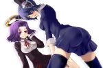  2girls black_legwear eyepatch hair_over_one_eye headgear kantai_collection looking_at_viewer mechanical_halo multiple_girls open_mouth personification pleated_skirt purple_hair r-king ribbon short_hair skirt smile tatsuta_(kantai_collection) tenryuu_(kantai_collection) thighhighs violet_eyes white_background yellow_eyes zettai_ryouiki 