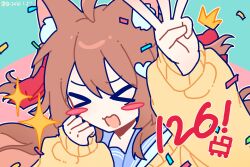  >_< 1girl :3 :d ahoge animal_ears arm_up blue_sailor_collar blush_stickers brown_hair cardigan cat_ears cat_girl celebration clenched_hand closed_eyes confetti crown finger_counting fluff furrowed_brow green_background hair_between_eyes hair_ribbon highres lingyou long_hair long_sleeves neuro-sama outline pink_background portrait red_ribbon ribbon sailor_collar smile solo sparkle train twitch.tv two-tone_background two_side_up vedal_ai virtual_youtuber white_outline yellow_cardigan 