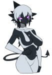 1girl black_skin breasts cropped_legs demon_tail large_breasts no_nipples original silver_hair solo space_jin spikes tail two-tone_skin violet_eyes 
