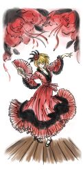  1girl alternate_costume black_shoes blonde_hair commentary_request dancing don_quixote_(project_moon) dress f5d4ddy folding_fan full_body hair_ribbon hand_fan hat highres holding holding_fan korean_commentary limbus_company looking_at_viewer project_moon red_dress red_hat ribbon shoes short_hair simple_background smile solo white_background yellow_eyes 