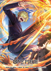  2boys attack black_suit blonde_hair commentary_request copyright_name curly_eyebrows diable_jambe donquixote_doflamingo eye_contact facial_hair goatee hair_over_one_eye hokuyuu leg_up looking_at_another male_focus multiple_boys mustache official_art one_piece one_piece_card_game sanji_(one_piece) smile suit sunglasses 