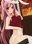  1girl animal_ears ass bare_arms blush breasts bunny_tail chemise chimunge highres large_breasts long_hair midriff no_bra open_mouth panties rabbit_ears red_eyes reisen_udongein_inaba side-tie_panties sitting solo tail touhou underwear very_long_hair white_panties window 