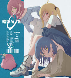  >_< 3girls absurdres ahoge alternate_costume bare_shoulders bent_over blue_hair blue_jacket blue_shirt bocchi_the_rock! brown_shoes choppy_bangs commentary creature elbow_rest gotoh_hitori gotoh_hitori_(tsuchinoko) green_eyes hand_on_own_hip hand_on_own_thigh hand_rest high-waist_skirt highres ijichi_nijika jacket jacket_partially_removed kessoku_band kita_ikuyo long_hair long_sleeves looking_at_viewer lying mipn1379 multiple_girls off-shoulder_shirt off_shoulder on_stomach one_side_up parted_bangs pink_hair shirt shirt_tucked_in shoes short_hair short_sleeves side_ponytail sitting skirt sneakers standing two-tone_background white_shirt white_skirt yamada_ryo yellow_eyes 