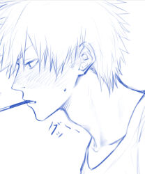  1boy adam's_apple bleach blush collarbone commentary_request ear_blush food food_in_mouth from_side highres ihsekodwww kurosaki_ichigo male_focus pocky pocky_in_mouth shirt short_hair simple_background solo spiky_hair white_background 