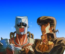  2boys ammunition anchor_symbol binoculars black_hair blue_eyes blue_sky brooch bullet cosmetics crazy_diamond diamond_wa_kudakenai earrings gakuran glint gradient_background hashtag-only_commentary higashikata_josuke highres holding jewelry jojo_no_kimyou_na_bouken lipstick_tube male_focus messy_hair multiple_boys nervous peace_symbol pompadour scene_reference school_uniform sky sparkle stand_(jojo) stud_earrings sweat sweatdrop telescope twitter_username yx_1l 