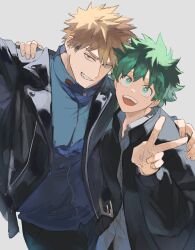  2boys arm_around_shoulder bakugou_katsuki black_jacket blonde_hair boku_no_hero_academia collared_shirt commentary dtd_mha freckles green_eyes green_hair highres jacket leather leather_jacket looking_at_viewer male_focus midoriya_izuku multiple_boys open_clothes open_jacket open_mouth red_eyes shirt short_hair simple_background smile smirk spiky_hair untranslatable_commentary upper_body v white_background zipper zipper_pull_tab 
