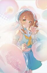  1girl alternate_costume alternate_hairstyle beret blonde_hair blowing_bubbles blue_shirt blue_skirt blush bubble bubble_pipe cowboy_shot crop_top frilled_skirt frills green_eyes hair_ornament hashtag-only_commentary hat highres indie_virtual_youtuber layered_skirt long_hair looking_at_viewer magical_girl midriff_peek mouth_hold neckerchief pom_pom_(clothes) pom_pom_hair_ornament raised_eyebrows sailor_collar shigure_ui_(vtuber) shirt skirt sleeveless sleeveless_shirt solo temata_saburou virtual_youtuber white_hat white_sailor_collar yellow_neckerchief 