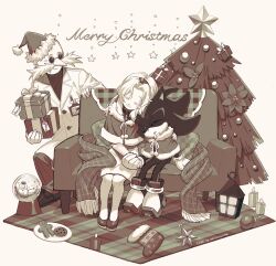  1girl 2boys box capelet christmas_tree closed_mouth commentary cookie couch dated dress english_commentary facial_hair facing_viewer food full_body furry furry_male gerald_robotnik gift gift_box gingerbread_man gloves grandfather_and_granddaughter greyscale hat hedgehog_boy highres holding holding_box holding_gift holding_hands lab_coat looking_at_another maria_robotnik merry_christmas mini_snowman monochrome multiple_boys mustache on_couch pants plate roza_(tanukiracoon427) santa_hat scarf shadow_the_hedgehog shoes signature sitting sleeping smile snow_globe sonic_(series) star_(symbol) sunglasses 