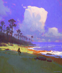  1boy absurdres animal artist_name beach clouds commentary english_commentary from_behind hat highres horse horseback_riding landscape ocean original outdoors painterly palm_tree raja_nandepu riding rock samurai sand scenery shore tree waves 