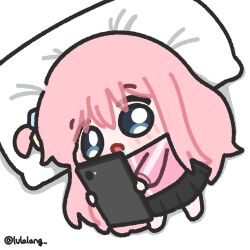  1girl black_skirt blue_eyes bocchi_the_rock! cellphone chibi chibi_only commentary drooling full_body gotoh_hitori head_on_pillow highres holding holding_phone jacket long_hair looking_at_phone lulalang lying on_back one_side_up open_mouth phone pillow pink_hair pink_jacket skirt smartphone solo standing twitter_username untranslatable_commentary white_background 