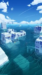  artist_name blue_sky building clouds contrail day fishing from_above highres horizon moon nuclearbanan ocean outdoors partially_submerged power_lines radio_antenna ruins scenery signalis signature simple_bird sky very_wide_shot water 