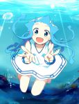  1girl barefoot blue_eyes blue_hair double_v dress hat ikamusume k.ei long_hair shinryaku!_ikamusume solo tentacle_hair underwater v 