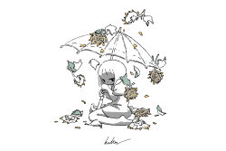  1girl absurdres falling flower highres holding holding_umbrella kaduise original oversized_clothes oversized_shirt shirt short_sleeves signature solo sunflower transparent transparent_umbrella umbrella 