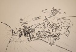  arm_shield artist_name axe baronofchickens beam_rifle cape commentary crossover death_star energy_gun english_commentary flying getter-1 getter_robo greyscale gundam highres holding holding_axe humanoid_robot mazinger_(series) mazinger_z_(mecha) mecha mechanical_wings millennium_falcon mobile_suit monochrome multiple_crossover robot rx-78-2_gundam science_fiction shield signature sketch spacecraft star_wars super_robot super_robot_wars tie_fighter tomahawk traditional_media trench weapon wings x-wing 