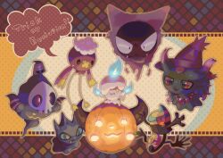  banette banette_(cosplay) blue_eyes blue_fire chandelure chandelure_(cosplay) cofagrigus cofagrigus_(cosplay) commentary_request cosplay drifblim drifblim_(cosplay) drifloon dusknoir dusknoir_(cosplay) duskull english_text fangs fire gastly gengar gengar_(cosplay) halloween hinekure litwick misdreavus mismagius mismagius_(cosplay) no_humans open_mouth pokemon pokemon_(creature) pumpkin red_eyes shuppet tongue tongue_out yamask 
