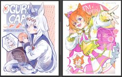  2girls ahoge amai_(amaicandy) animal_ears armor black_thighhighs blue_eyes blue_sailor_collar blue_skirt blush bowl breasts brooch brown_pantyhose burger cape carrot character_name chibi closed_eyes closed_mouth crown ear_ornament eating fingerless_gloves flower food gloves gold_corset grey_hair grey_tail hair_between_eyes hair_ornament hairband holding holding_burger holding_food holding_pizza horse_ears horse_girl horse_tail jacket jewelry long_hair long_sleeves looking_at_viewer mini_crown multicolored_hair multiple_girls multiple_rings neckerchief oguri_cap_(starlight_beat)_(umamusume) oguri_cap_(umamusume) onigiri open_mouth orange_hair pantyhose pink_cape pink_crown pizza pleated_skirt red_neckerchief rice_bowl ring sailor_collar shirt short_hair shoulder_armor single_fingerless_glove sitting skirt smile squatting star_brooch t.m._opera_o_(o_sole_suo!)_(umamusume) t.m._opera_o_(umamusume) tail thigh-highs two-tone_skirt umamusume violet_eyes white_gloves white_jacket white_shirt 