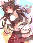  1girl animal_ears brown_hair cat_ears cat_tail fingerless_gloves gloves kantai_collection long_hair mog_(artist) nagato_(kantai_collection) navel red_eyes skirt solo tail thighhighs 