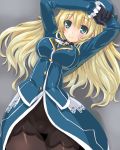  1girl atago_(kantai_collection) black_gloves blonde_hair blush breasts dd_(ijigendd) gloves green_eyes hat kantai_collection long_hair looking_at_viewer lying pantyhose smile solo 