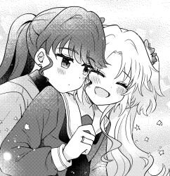  2girls :d behind_another blush closed_mouth commentary curtained_hair dress earrings fang flower frown fujishima_megumi fujishima_megumi_(post-graduation) greyscale hair_flower hair_ornament hasu_no_sora_school_uniform heart heart_earrings highres jacket jewelry link!_like!_love_live! long_hair long_sleeves looking_at_another love_live! mira-cra_park! monochrome multiple_girls neckerchief open_mouth osawa_rurino parted_bangs ponytail ring sailor_collar sailor_dress school_uniform sidelocks smile sparkle suit_jacket sweater turtleneck turtleneck_sweater twintails untranslatable_commentary upper_body virtual_youtuber watage_modoki wavy_sidelocks wedding_ring winter_uniform yuri 