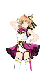  1girl alternate_costume arm_behind_head artist_request blonde_hair breasts closed_mouth cosplay cowboy_shot game_cg green_eyes hand_on_own_hip hat idol idol_clothes idolmaster looking_at_viewer medium_breasts natalia_luzu_kimlasca_lanvaldear natalia_luzu_kimlasca_lanvaldear_(idol) official_art one_eye_closed short_hair smile solo tales_of_(series) tales_of_asteria tales_of_the_abyss thigh-highs third-party_source transparent_background white_hat white_thighhighs 