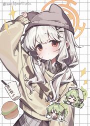 3girls aoba_(blue_archive) aoba_(mom's_touch)_(blue_archive) arm_up beanie blush burger chibi commentary food green_hair grey_hat grid_background hair_ornament hairclip halo hand_on_headwear hat highres hikari_(blue_archive) long_hair long_sleeves low_twintails mochimoti0528 mom's_touch multiple_girls nozomi_(blue_archive) official_alternate_costume orange_halo parallel_hairclips plaid_clothes plaid_shirt red_eyes shirt sweater twintails upper_body yellow_sweater 
