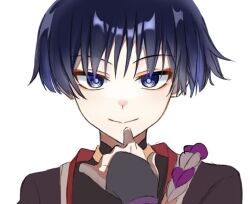  1boy armor black_bodysuit black_hair black_kimono black_sleeves blunt_ends bodysuit bright_pupils closed_mouth commentary_request eyeliner genshin_impact gold hand_up japanese_armor japanese_clothes jewelry juban kasakasa816 kimono kote kurokote looking_at_viewer makeup male_focus mandarin_collar multicolored_hair neck_ring portrait purple_hair purple_rope red_eyeliner red_kimono rope scaramouche_(genshin_impact) shimenawa smile solo straight-on streaked_hair tsurime violet_eyes white_background white_kimono white_pupils white_rope wispy_bangs 