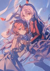  2girls absurdres animal_ears artist_name blazer brown_eyes brown_hair chinese_commentary collared_shirt commentary_request crescent crescent_pin dress floppy_ears hair_between_eyes highres holding_hands inaba_tewi interlocked_fingers jacket long_hair long_sleeves looking_at_viewer medium_hair multiple_girls necktie open_mouth pink_dress pink_skirt purple_hair rabbit_ears rabbit_girl rabbit_tail red_eyes red_necktie reisen_udongein_inaba ringo_no_usagi shirt skirt smile tail touhou very_long_hair white_shirt wrist_cuffs 