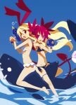  2girls :d bare_legs barefoot bikini black_bikini blonde_hair demon_girl demon_tail disgaea disgaea_d2 earrings etna fang feet_in_water flat_chest flonne flonne_(fallen_angel) hair_ribbon harada_takehito jewelry long_hair looking_at_viewer mound_of_venus multiple_girls navel official_art open_mouth red_eyes redhead ribbon side-tie_bikini sitting small_breasts smile soaking_feet swimsuit tail thigh_ribbon twintails very_long_hair water water_gun white_bikini white_swimsuit 