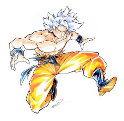  1boy baggy_pants blue_boots boots dragon_ball full_body greyscale looking_at_viewer monochrome orange_pants pants short_hair signature simple_background solo son_goku spiky_hair to_the_maxio topless_male ultra_instinct white_background 