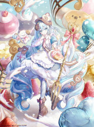  1girl animal apron aqua_eyes aqua_hair asymmetrical_legwear blue_bow blue_dress blue_eyes blue_hair blue_sleeves boots bow bowtie bread brown_boots brown_hat colorized commentary_request cookie derivative_work dessert detached_sleeves dress dress_bow ekaki_panda food food-themed_clothes food-themed_hat_ornament fork frilled_apron frills fruit full_body fur-trimmed_dress fur-trimmed_sleeves fur_trim hair_between_eyes hair_ornament hat hat_ornament hatsune_miku highres holding holding_fork knee_boots long_hair long_sleeves looking_at_viewer mismatched_legwear necktie nurimas official_alternate_costume official_alternate_hairstyle open_mouth oversized_fork oversized_object pantyhose pink_necktie puffy_sleeves rabbit_yukine short_sleeves smile snowflake_print striped_clothes striped_pantyhose twintails two-tone_sleeves very_long_hair vocaloid wavy_hair white_apron yuki_miku yuki_miku_(2026) 