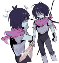  ... 1other animification antenna_hair armor armored_boots bandana black_pants blue_skin boots breastplate clenched_hands closed_mouth colored_skin commentary_request deltarune empty_eyes feet_out_of_frame from_side full_armor gauntlets grey_armor hair_over_one_eye half-closed_eye hand_on_own_face hand_up holding holding_sword holding_weapon korean_commentary kris_(dark_world)_(deltarune) kris_(deltarune) looking_at_viewer looking_to_the_side multiple_views other_focus pants pauldrons pink_bandana purple_hair red_eyes shaded_face short_hair shoulder_armor simple_background sparkle speech_bubble spoken_ellipsis squiggle standing sword utdr_(toby_fox) weapon white_background yx_won2 