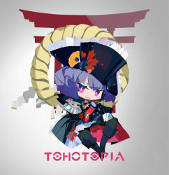  1girl absurdres alternate_costume black_boots black_hat black_jacket black_pants boots commentary_request copyright_name fold-over_boots full_body gradient_background grey_background hat highres holding jacket knee_boots leaf_print long_sleeves looking_at_viewer maple_leaf_print medal medium_hair military_uniform mirror official_art open_mouth pants pink_eyes print_hat purple_hair rope shimenawa smile solo tohotopia touhou wanzilala16 white_background yasaka_kanako 