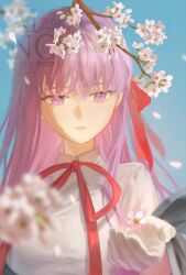  1girl bb_(fate) bb_(fate/extra) black_jacket blue_sky blurry blurry_foreground branch breasts cherry_blossoms collared_shirt commentary_request day fate/extra fate_(series) fingernails flower hair_between_eyes half-closed_eyes hand_up highres jacket large_breasts long_hair looking_at_object neck_ribbon open_clothes open_jacket outdoors petals pink_flower purple_hair red_jacket red_ribbon ribbon rowayu shirt sky smile solo teeth tree two-sided_fabric two-sided_jacket upper_body violet_eyes watermark white_shirt 