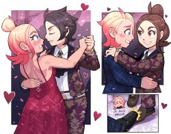  2boys 2girls artist_name ascot black_ascot black_hair blue_eyes blush brown_eyes brown_hair brown_shoes collared_shirt dancing dress gradient_hair harmony_(pokemon) heart highres looking_at_another mega_ring multicolored_hair multiple_boys multiple_girls orange_hair paxton_(pokemon) pokemon pokemon_legends:_z-a red_dress shirt shoes smile sweat taunie_(pokemon) urbain_(pokemon) white_shirt yamouri 