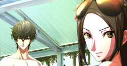 1boy 1girl 2023 amamiya_ren atlus bare_shoulders batosupisaikou black_hair brown_hair japanese kurusu_akira mature_female mika_(persona_5) out_of_frame pants persona persona_5 shirtless shirtless_(male) smile sunglasses tree trees