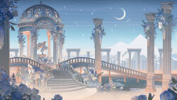 arcade_(architecture) arch asa_no_ha_(pattern) blue_flower blue_rose blue_sky bridge chinese_commentary colonnade column crescent_moon flower gazebo hanxiaodan highres lovebrush_chronicles moon mountain night no_humans official_art outdoors pillar rose scenery sky stairs star_(sky) starry_sky statue stepping_stones white_flower white_rose wisteria 