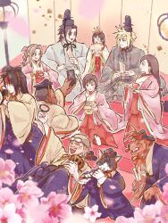  4girls 6+boys aerith_gainsborough barret_wallace black_hair blonde_hair brown_hair cait_sith_(final_fantasy) cat_boy cherry_blossoms choko_(cup) cid_highwind cloud_strife commentary_request cup dark-skinned_male dark_skin eating fangs final_fantasy final_fantasy_vii flute goggles goggles_on_head haori hat headband highres hinamatsuri hirabitai instrument japanese_clothes karaginu_mo kimono layered_kimono marlene_wallace multiple_boys multiple_girls ninnin5tora red_fur red_hair red_xiii smile tate_eboshi tifa_lockhart vincent_valentine yuffie_kisaragi zack_fair 