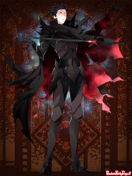  1boy :/ armor aura black_armor black_cloak black_gloves black_hair black_pants black_shirt breastplate brown_background cloak constricted_pupils copyright_name cuisses faulds full_body gem gloves greaves hair_slicked_back hand_to_blade holding holding_sword holding_weapon l_(matador) looking_at_viewer male_focus pandora_party_project pants plackart poleyn red_cloak red_eyes red_gem sabaton shirt short_hair solo standing sword torn_cloak torn_clothes two-sided_cloak two-sided_fabric v-shaped_eyebrows vambraces weapon 