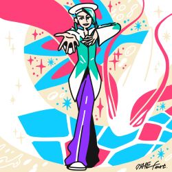  1boy aqua_hair aqua_jacket asymmetrical_hair commentary english_commentary full_body hat highres jacket long_sleeves male_focus milotic official_artist_extra open_mouth osare_graffiti outstretched_arm pants pokemon pokemon_(creature) pokemon_rse purple_pants reaching reaching_towards_viewer shoes signature smile sparkle standing wallace_(pokemon) white_hat white_shoes 