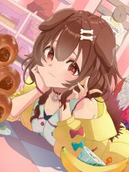  1girl animal_collar animal_ears banana blue_bow bone_hair_ornament bow braid brown_eyes brown_hair brown_hat closed_mouth collar commentary dog_ears dog_girl dog_tail double-parted_bangs dress dutch_angle elbow_rest food fruit hachiiroirori hair_between_eyes hair_ornament hair_over_shoulder hairclip hat head_on_hand head_rest highres hololive indoors inugami_korone jacket long_hair looking_at_viewer low_twin_braids lying on_stomach open_clothes open_jacket parallel_hairclips pastry playing_with_own_hair red_bow red_collar single_off_shoulder sleeve_bow sleeveless sleeveless_dress smile solo tail twin_braids untranslatable_commentary unworn_hat unworn_headwear virtual_youtuber white_dress wristband yellow_jacket 