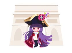  1girl alternate_costume ascot bicorne black_boots blue_hat boots branch closed_mouth commentary english_commentary full_body hat highres houraisan_kaguya jeweled_branch_of_hourai knee_boots long_hair long_sleeves official_art pants petal_print pink_eyes purple_hair shirt smile solo tohotopia touhou very_long_hair wanzilala16 white_ascot white_pants white_shirt 