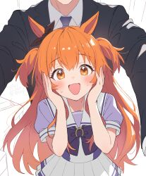  1boy 1girl :d animal_ears behind_another commentary_request derivative_work highres horse_ears horse_girl inuyama_nanami long_hair looking_at_viewer mayano_top_gun_(umamusume) orange_eyes orange_hair short_sleeves simple_background smile trainer_(umamusume) two_side_up umamusume vector_trace white_background 