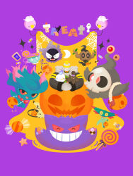  candy commentary_request cookie dreepy drifloon dusknoir duskull food gastly gengar highres litwick lollipop mimikyu misdreavus no_humans o_0-zzz open_mouth pokemon pokemon_(creature) pumpkaboo silk sinistea sparkle spider_web swirl_lollipop thumbprint_cookie wrapped_candy 