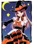  alternate_costume alternate_hairstyle arm_support blush bow bowtie brown_eyes brown_hair dress elbow_gloves fingerless_gloves gloves halloween hat hat_bow headphones long_hair looking_at_viewer mizuhara_hayari moon night nobu0 open_mouth orange_legwear pumpkin saki sitting sky smile star_(sky) starry_sky striped striped_legwear thighhighs white_dress witch_hat 